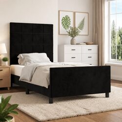 King Single Bed Frame Black Velvet Headboard 107x203cm Upholstered Platform