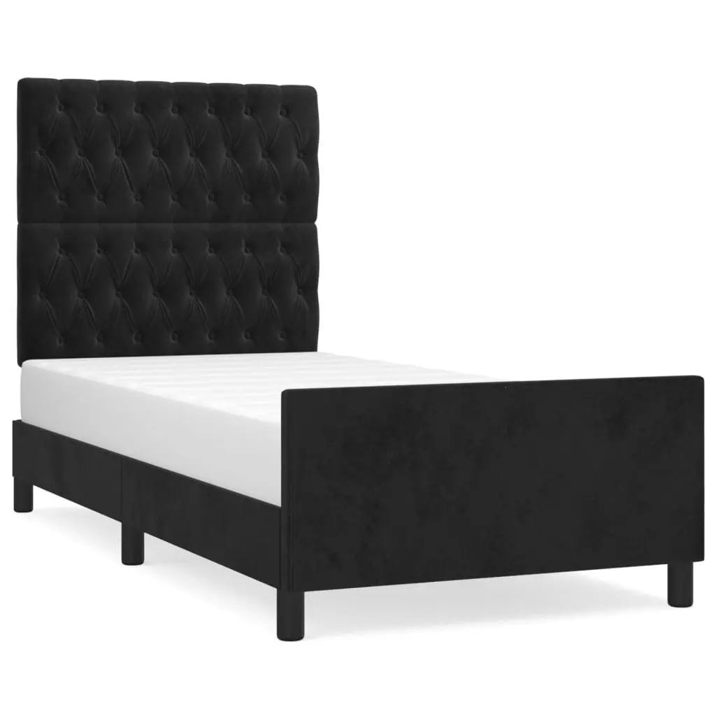 King Single Bed Frame Black Velvet Headboard Adjustable 107x203cm No Mattress