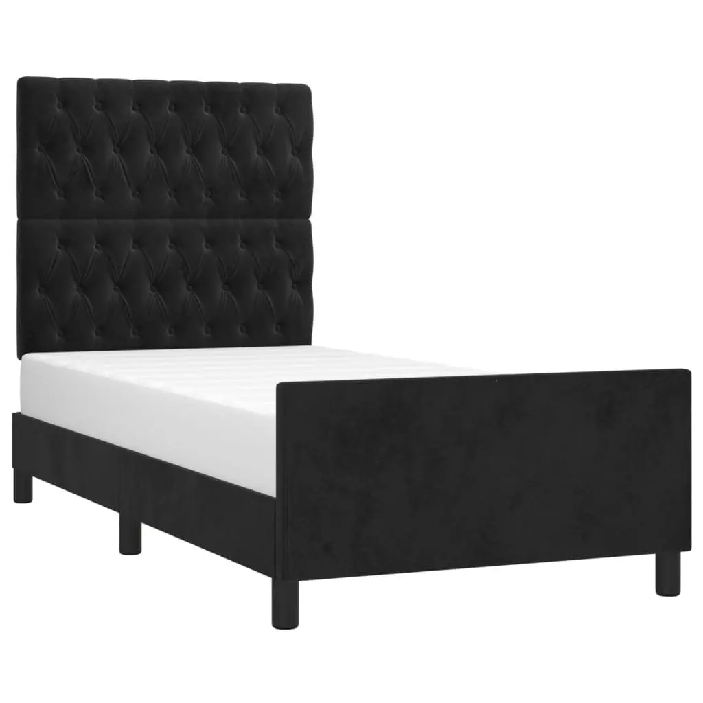 King Single Bed Frame Black Velvet Headboard Adjustable 107x203cm No Mattress