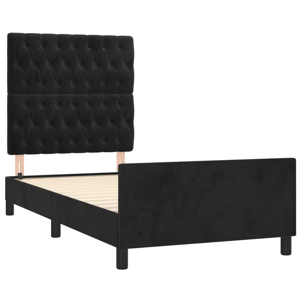 King Single Bed Frame Black Velvet Headboard Adjustable 107x203cm No Mattress