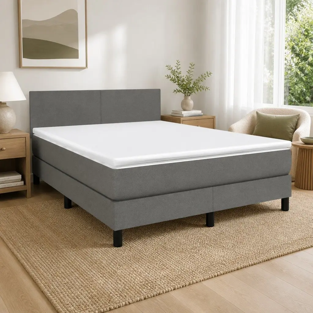 Queen Size Bed Frame with Adjustable Headboard Pocket Spring Mattress Grey Fabric Construction