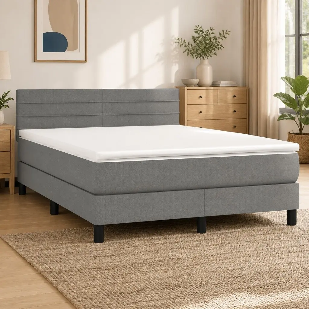 Box Spring Bed with Mattress Queen Size Dark Grey Fabric Bed Frame Adjustable