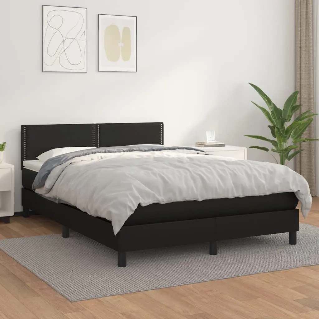 Queen Size Box Spring Bed Faux Leather Black with Pocket Spring Mattress
