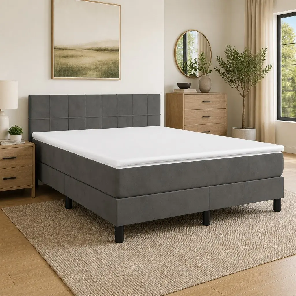 Queen Size Box Spring Bed Pocket Spring Mattress Dark Grey Velvet 153x203cm
