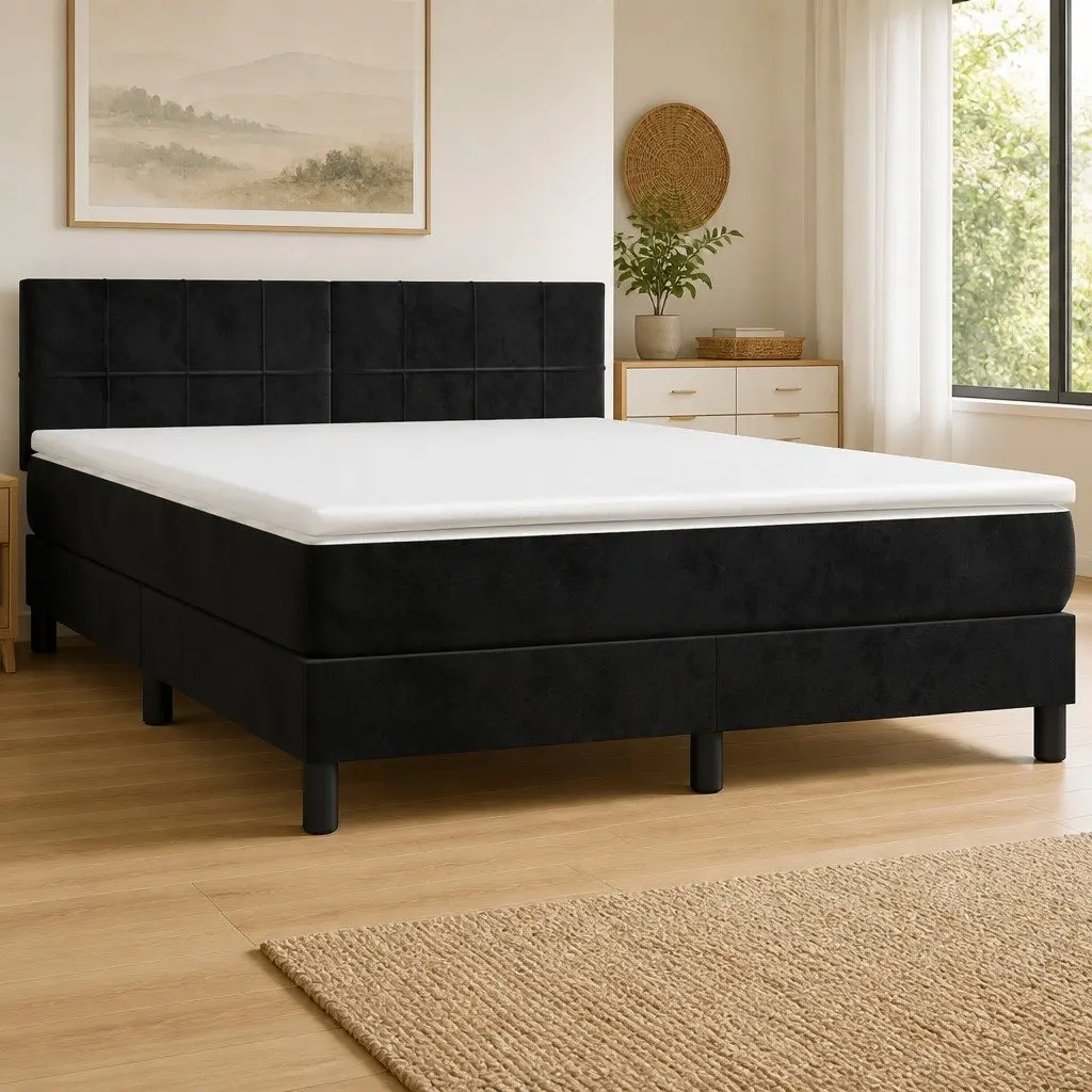 Box Spring Bed with Pocket Spring Mattress Velvet Queen Size Black 153x203cm