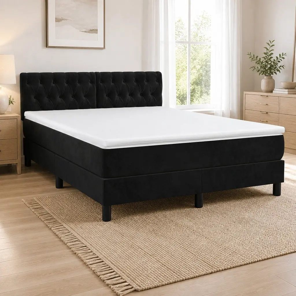 Queen Size Bed with Adjustable Headboard Pocket Spring Mattress Black Velvet