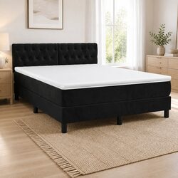 Queen Size Box Spring Bed with Pocket Mattress Black Velvet Adjustable Headboard