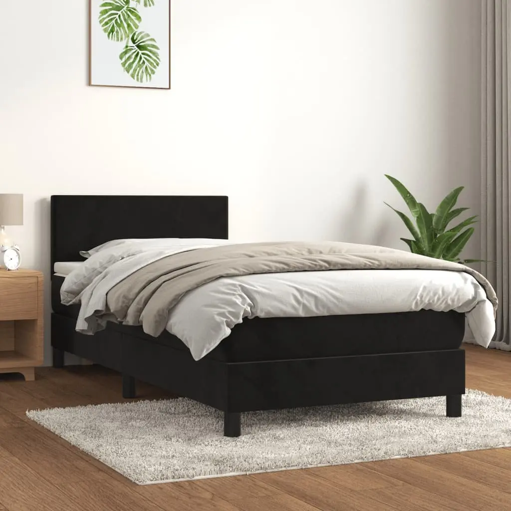 King Single Bed with Velvet Upholstered Frame Adjustable Headboard and Pocket Spring Mattress in Black