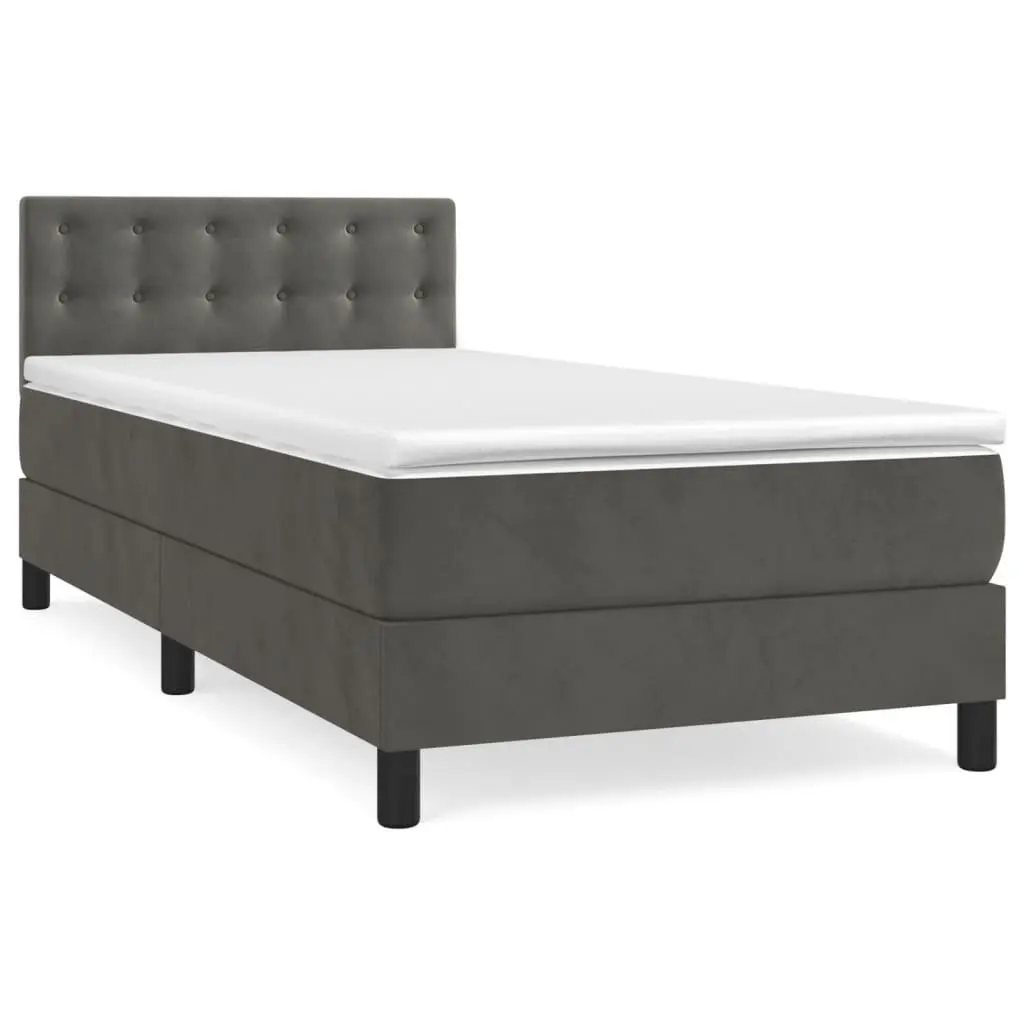 King Single Bed Frame Velvet with Pocket Spring Mattress Adjustable Headboard Slatted Base Grey 106x203cm Medium Firm