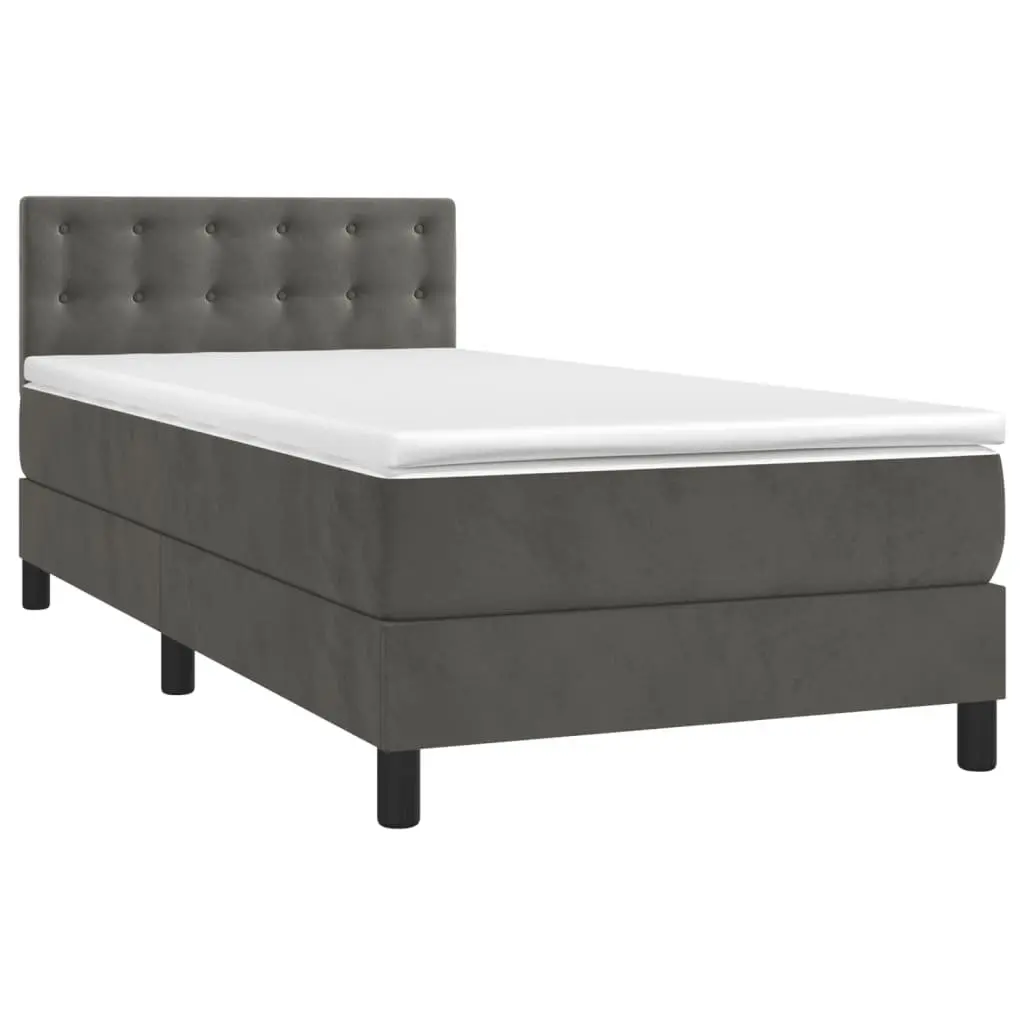 King Single Bed Frame Velvet with Pocket Spring Mattress Adjustable Headboard Slatted Base Grey 106x203cm Medium Firm