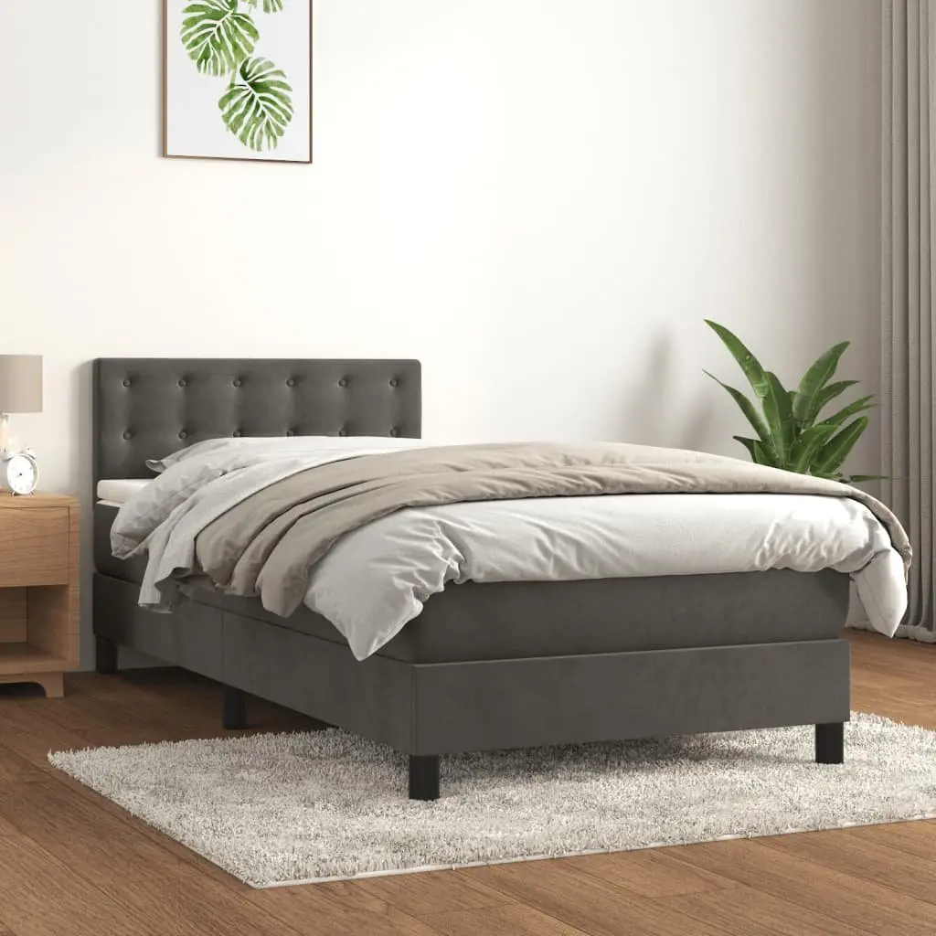 King Single Bed Frame Velvet with Pocket Spring Mattress Adjustable Headboard Slatted Base Grey 106x203cm Medium Firm