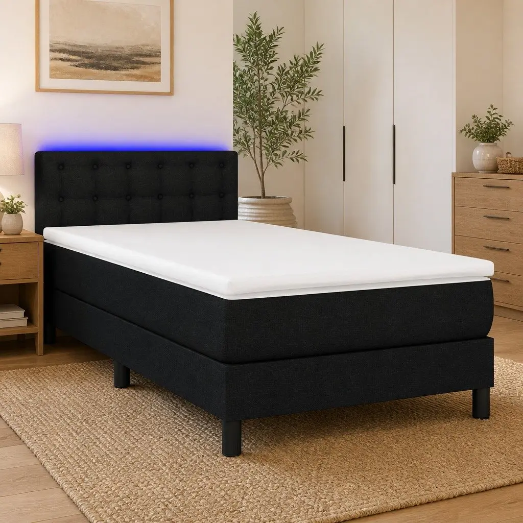 King Single Box Spring Bed with Pocket Spring Mattress LED Headboard Black