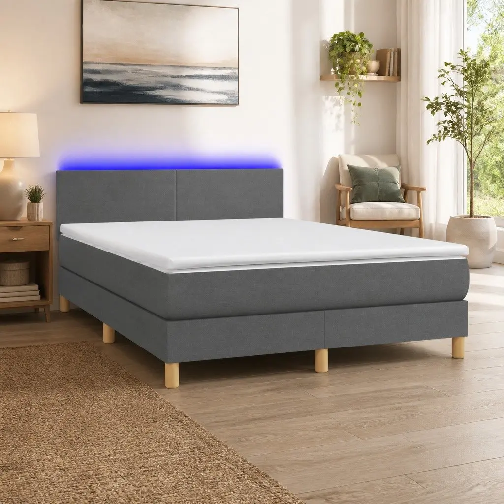 Queen Size Bed with Adjustable Headboard Pocket Spring Mattress LED Lighting Dark Grey