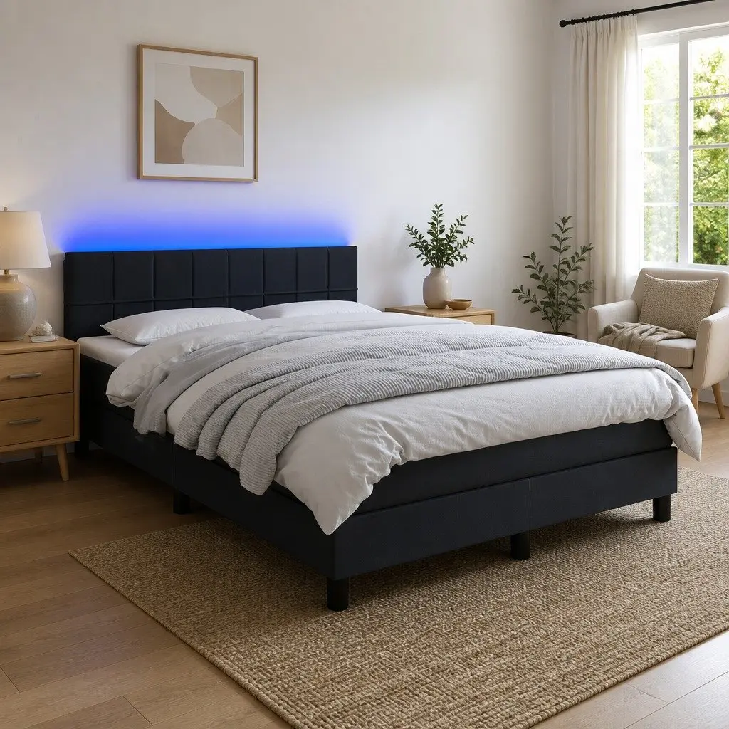 Queen Size Box Spring Bed with Pocket Spring Mattress Adjustable Fabric Headboard Dark Grey