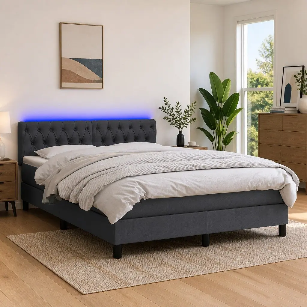 Queen Size Box Spring Bed Pocket Spring Mattress Adjustable LED Headboard Grey Fabric