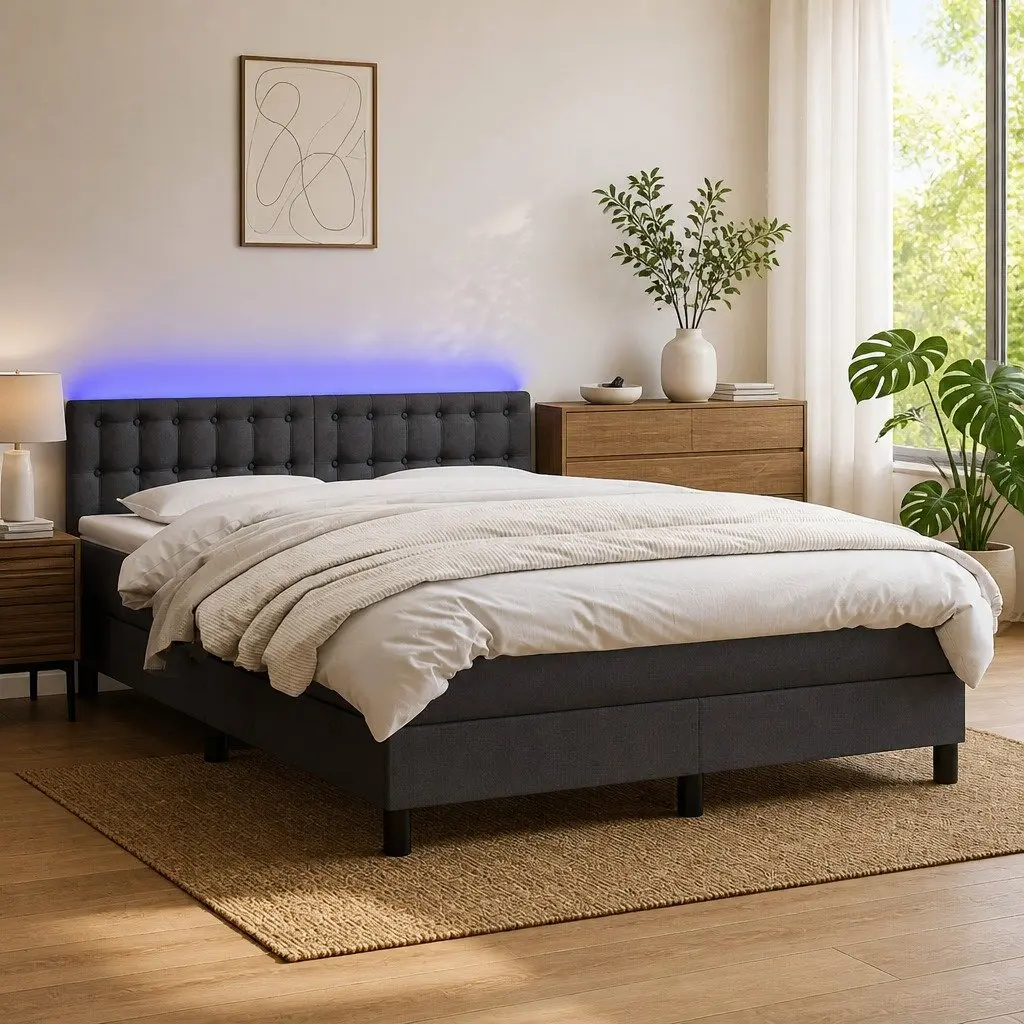 Queen Size Box Spring Bed Fabric Grey with Pocket Spring Mattress and LED Headboard