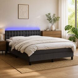 Queen Size Box Spring Bed with Pocket Spring Mattress LED Headboard Grey Fabric