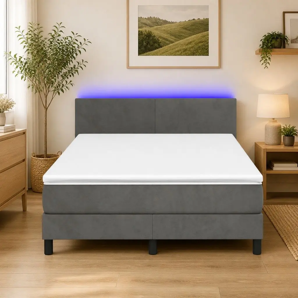 Queen Size Box Spring Bed with Pocket Spring Mattress Velvet Upholstered Adjustable LED Headboard Dark Grey