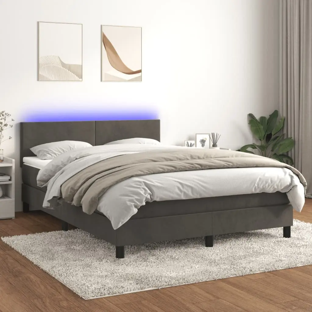 Queen Size Box Spring Bed with Pocket Spring Mattress Velvet Upholstered Adjustable LED Headboard Dark Grey