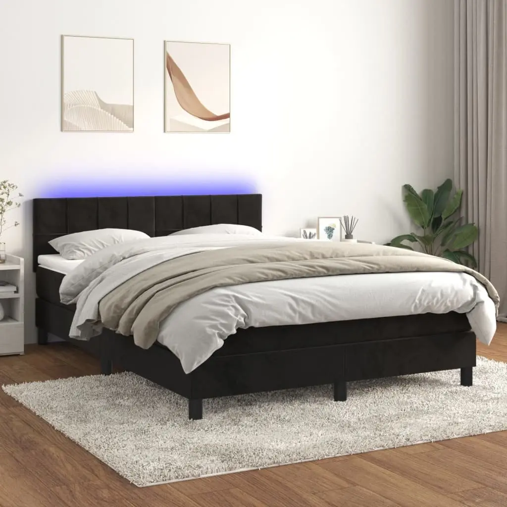 Queen Bed with Adjustable Velvet Headboard Pocket Spring Mattress and LED Lighting Black 152x203cm