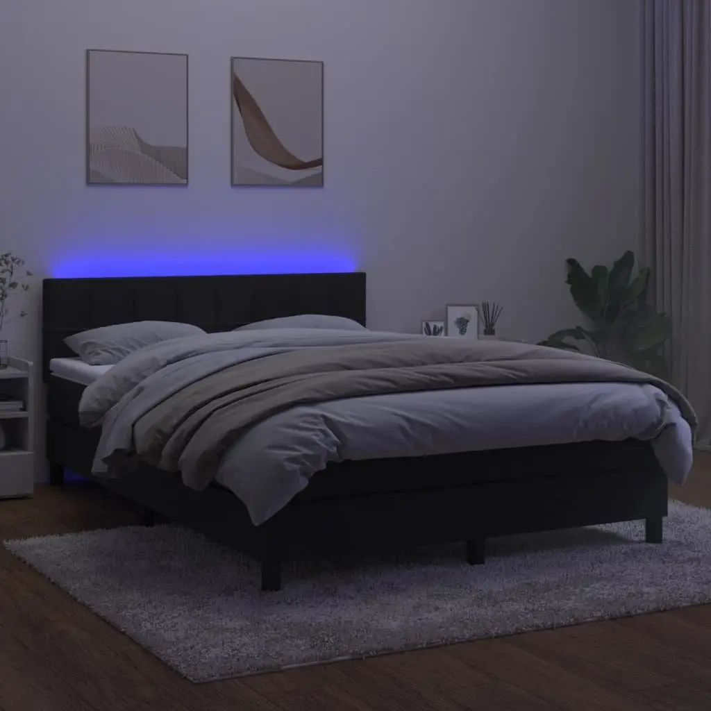 Queen Bed with Adjustable Velvet Headboard Pocket Spring Mattress and LED Lighting Black 152x203cm