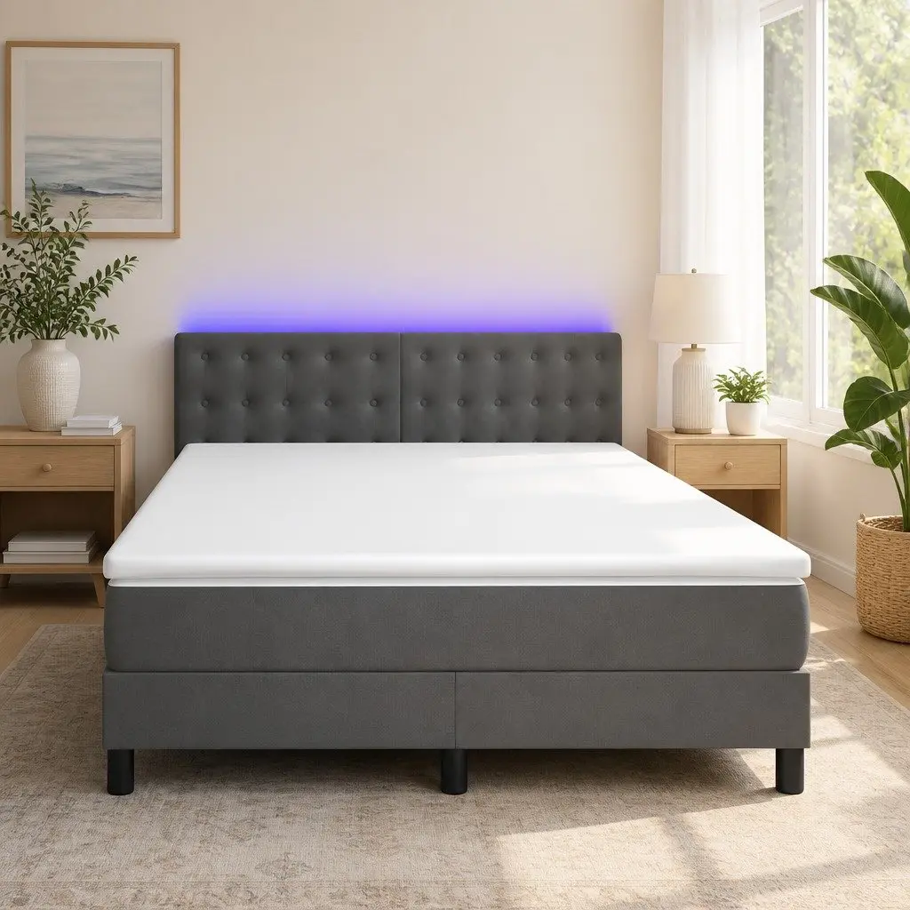 Queen Size Bed with Pocket Spring Mattress Grey Velvet Adjustable Headboard and LED Lighting