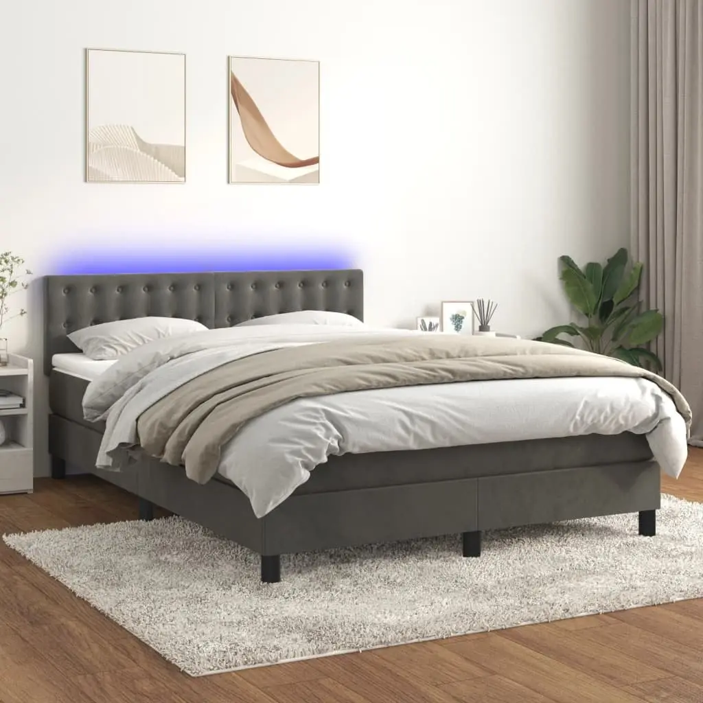Queen Size Bed with Pocket Spring Mattress Grey Velvet Adjustable Headboard and LED Lighting