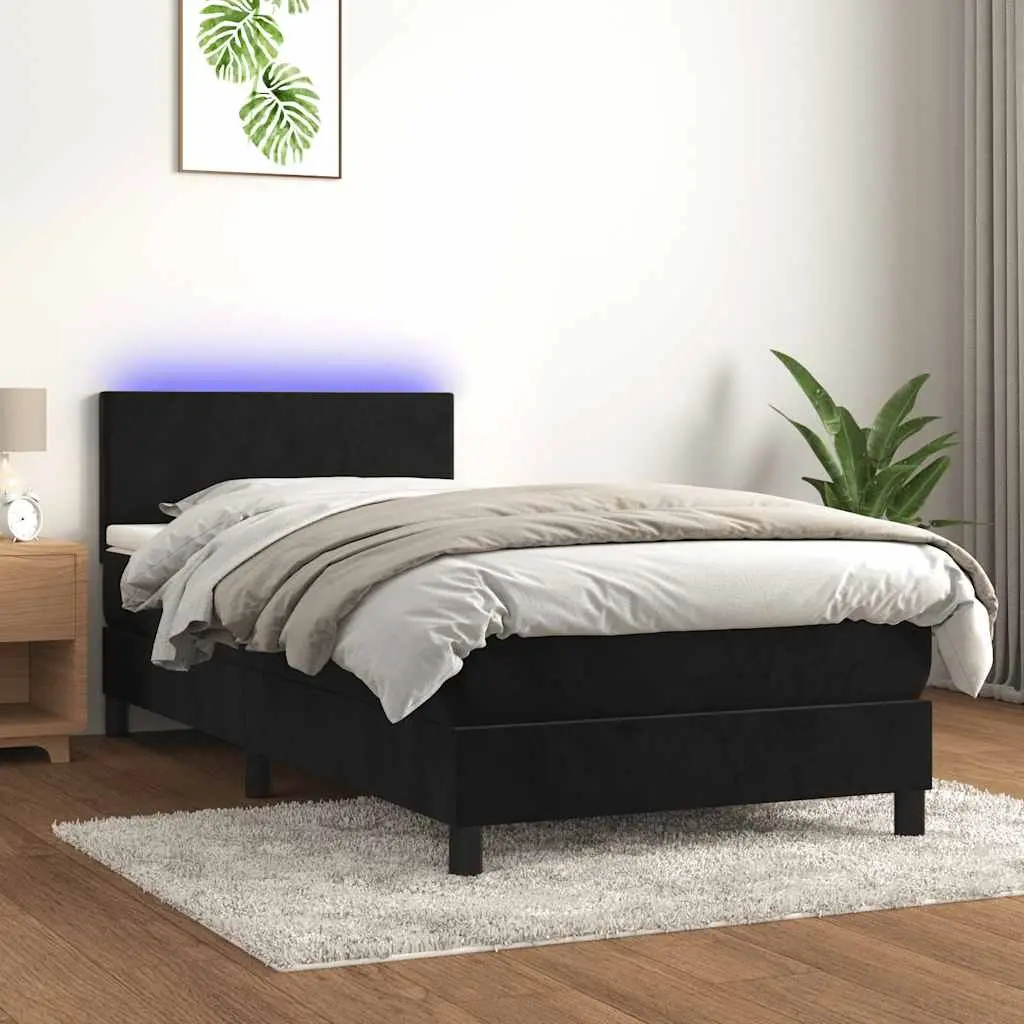 King Single Box Spring Bed with Pocket Spring Mattress LED Headboard Black