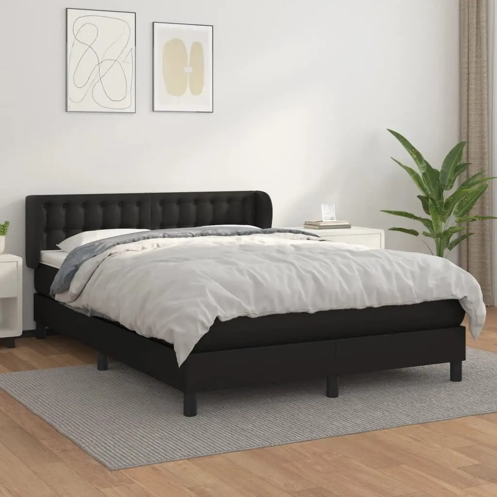 Queen Size Box Spring Bed with Pocket Spring Mattress Black Faux Leather
