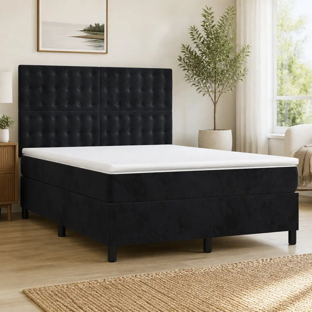 Pocket Spring Mattress Queen Size Bed Frame Black Velvet Adjustable Headboard 153x203cm Slatted Base