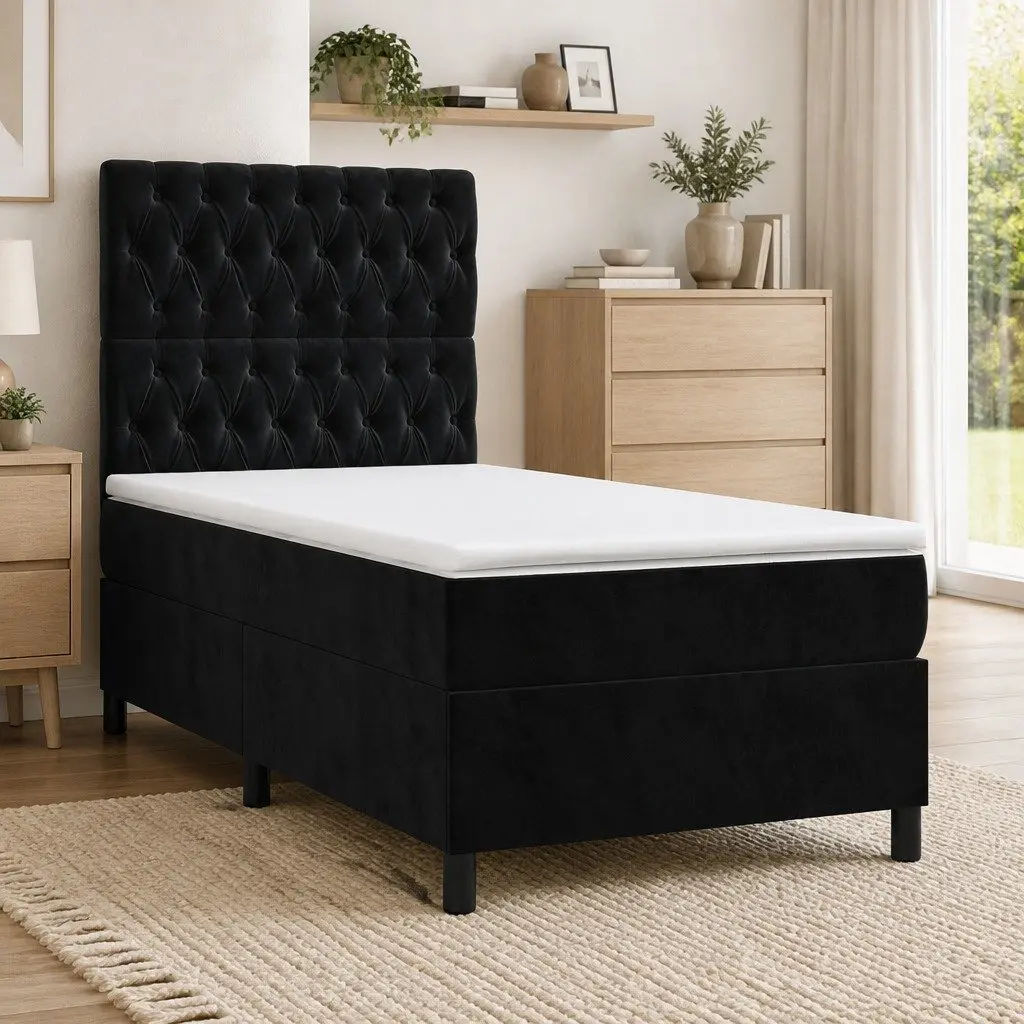 Box Spring Bed Frame Velvet with Pocket Spring Mattress Black King Single 106x203cm Medium Firm Support