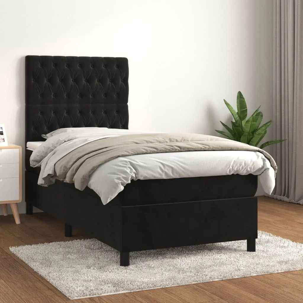 Box Spring Bed Frame Velvet with Pocket Spring Mattress Black King Single 106x203cm Medium Firm Support