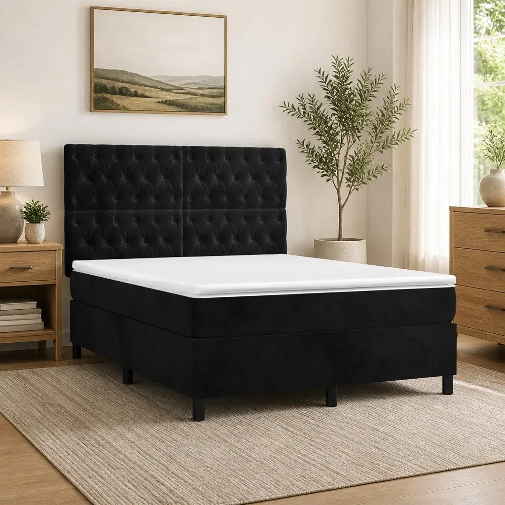 Double Box Spring Bed Pocket Spring Mattress Adjustable Velvet Headboard Black 137 x 187 cm