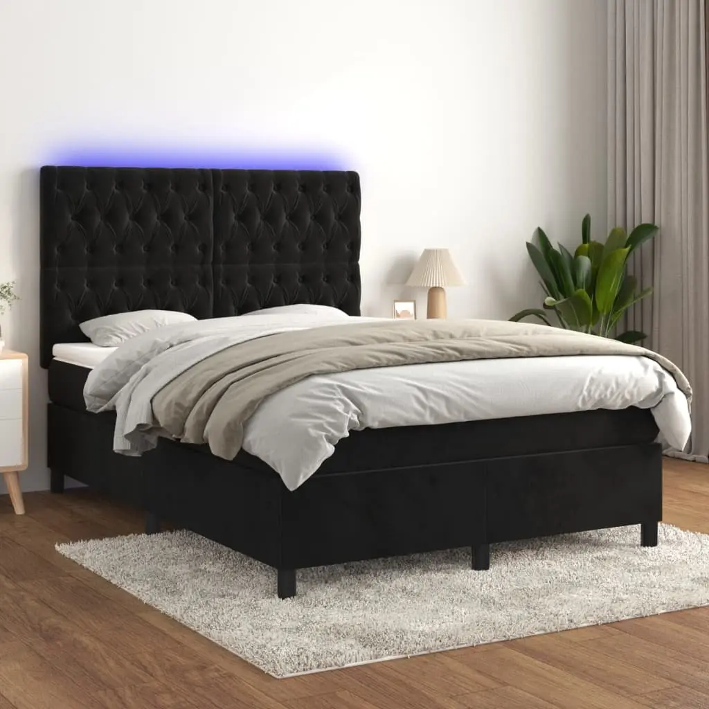 Double Box Spring Bed Pocket Spring Mattress Adjustable Velvet Headboard Black 137 x 187 cm