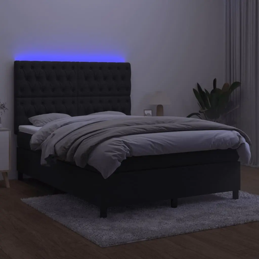 Double Box Spring Bed Pocket Spring Mattress Adjustable Velvet Headboard Black 137 x 187 cm