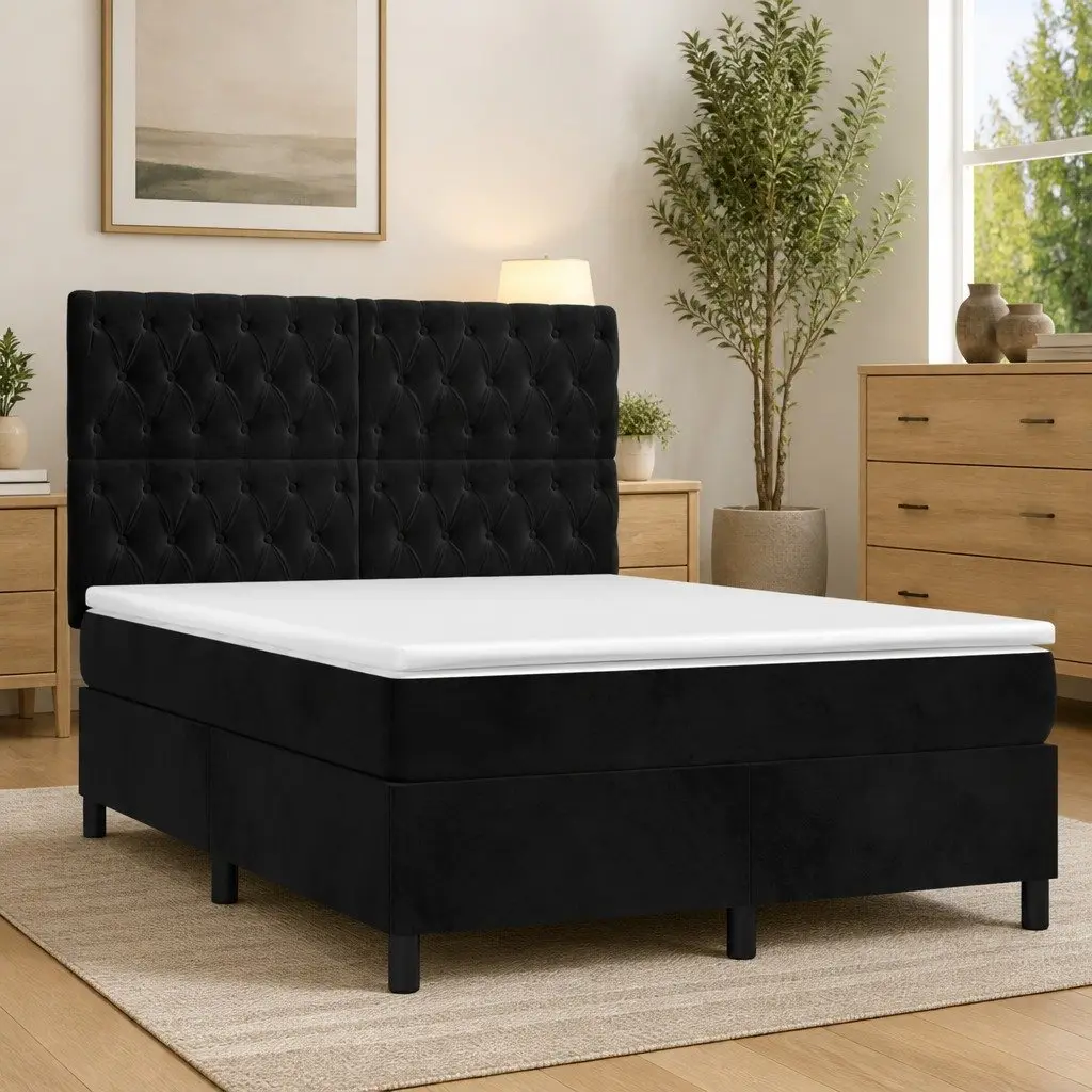 Queen Size Box Spring Bed with Pocket Spring Mattress LED Headboard Black Velvet