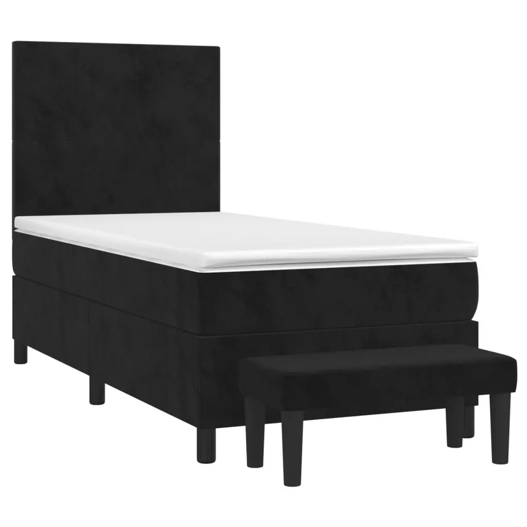 Box Spring Bed Velvet Black 106x203cm King Single with Pocket Spring Mattress Adjustable Headboard Medium Hard Support