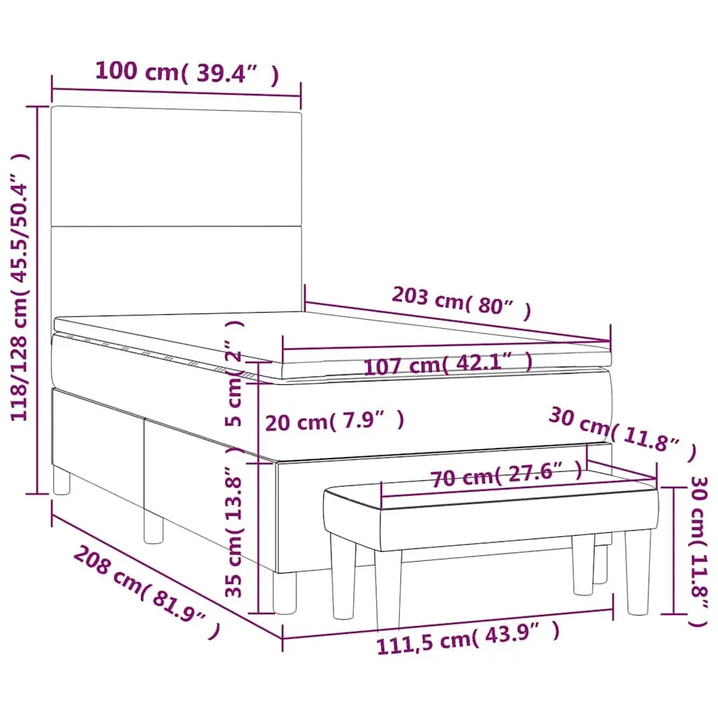 Box Spring Bed Velvet Black 106x203cm King Single with Pocket Spring Mattress Adjustable Headboard Medium Hard Support