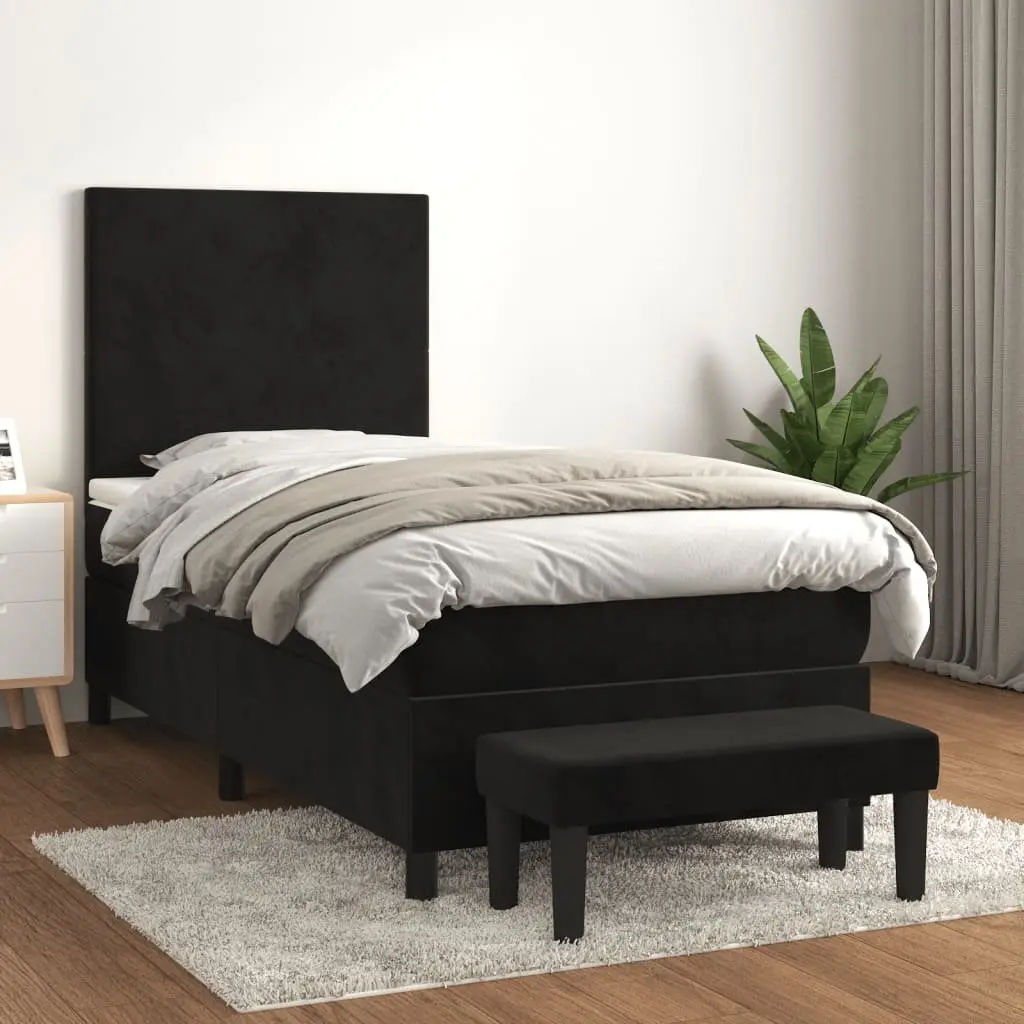 Box Spring Bed Velvet Black 106x203cm King Single with Pocket Spring Mattress Adjustable Headboard Medium Hard Support