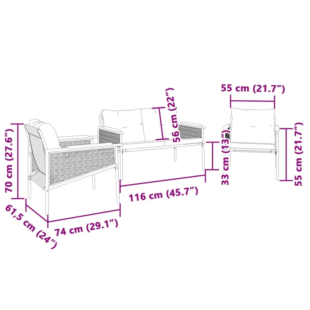 3 Piece Balcony Furniture Set Black Steel Frame Outdoor Patio Garden Seating