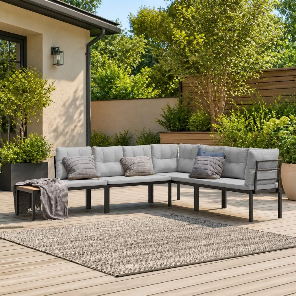 Outdoor Garden Bench Set Powder-coated Steel Frame 4 Pieces Black with Cushions Side Table