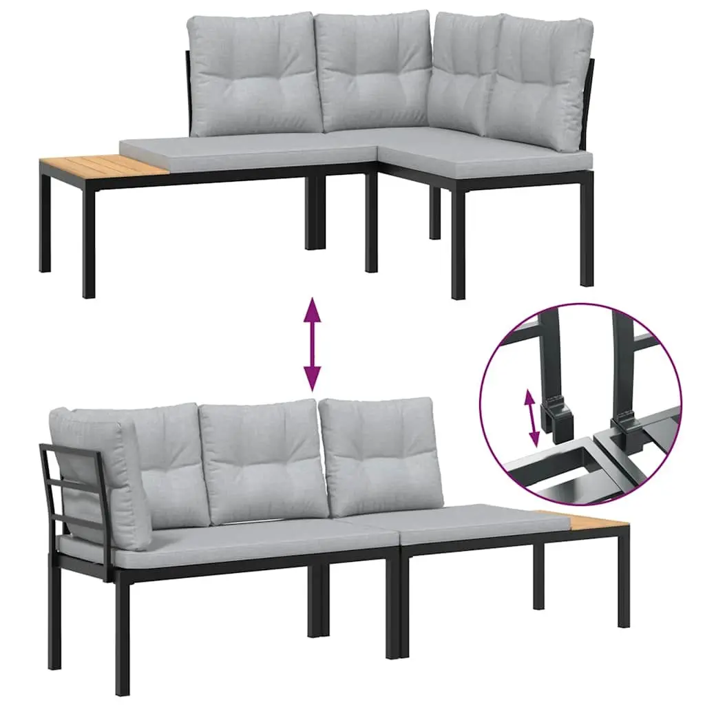 Outdoor Garden Bench Set Powder-coated Steel Frame 4 Pieces Black with Cushions Side Table