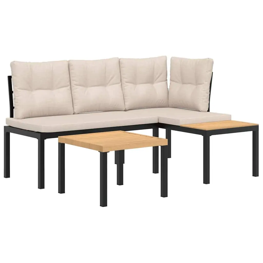 Garden Bench Set Steel Frame 3 Pieces Black with Cushions