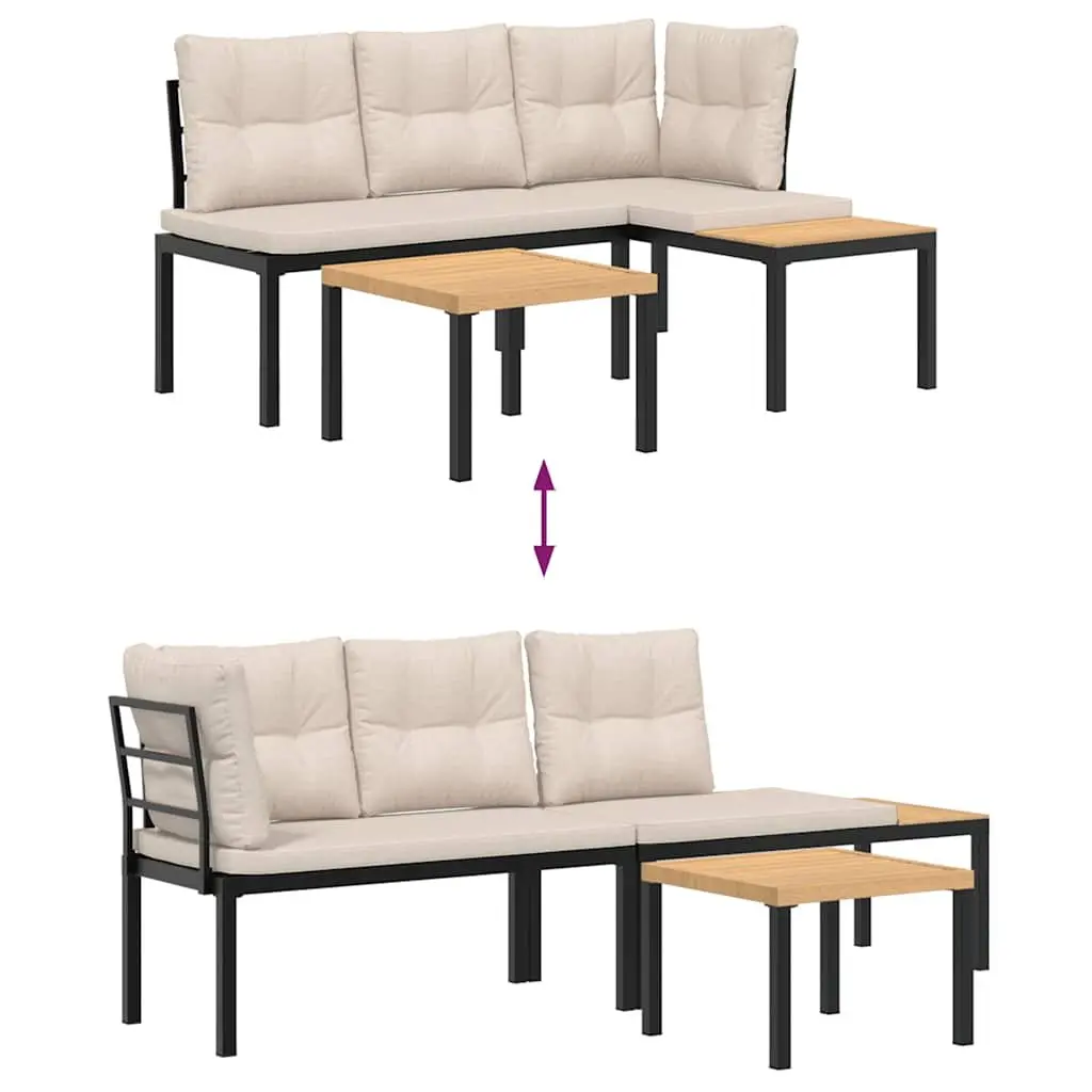 Garden Bench Set Steel Frame 3 Pieces Black with Cushions