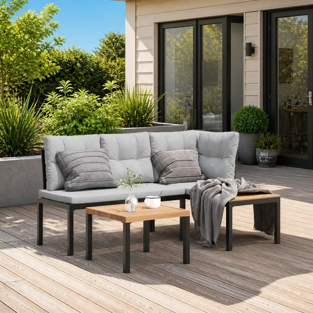 Garden Bench Set Powder-coated Steel 3 Piece Outdoor Furniture Cushions Black