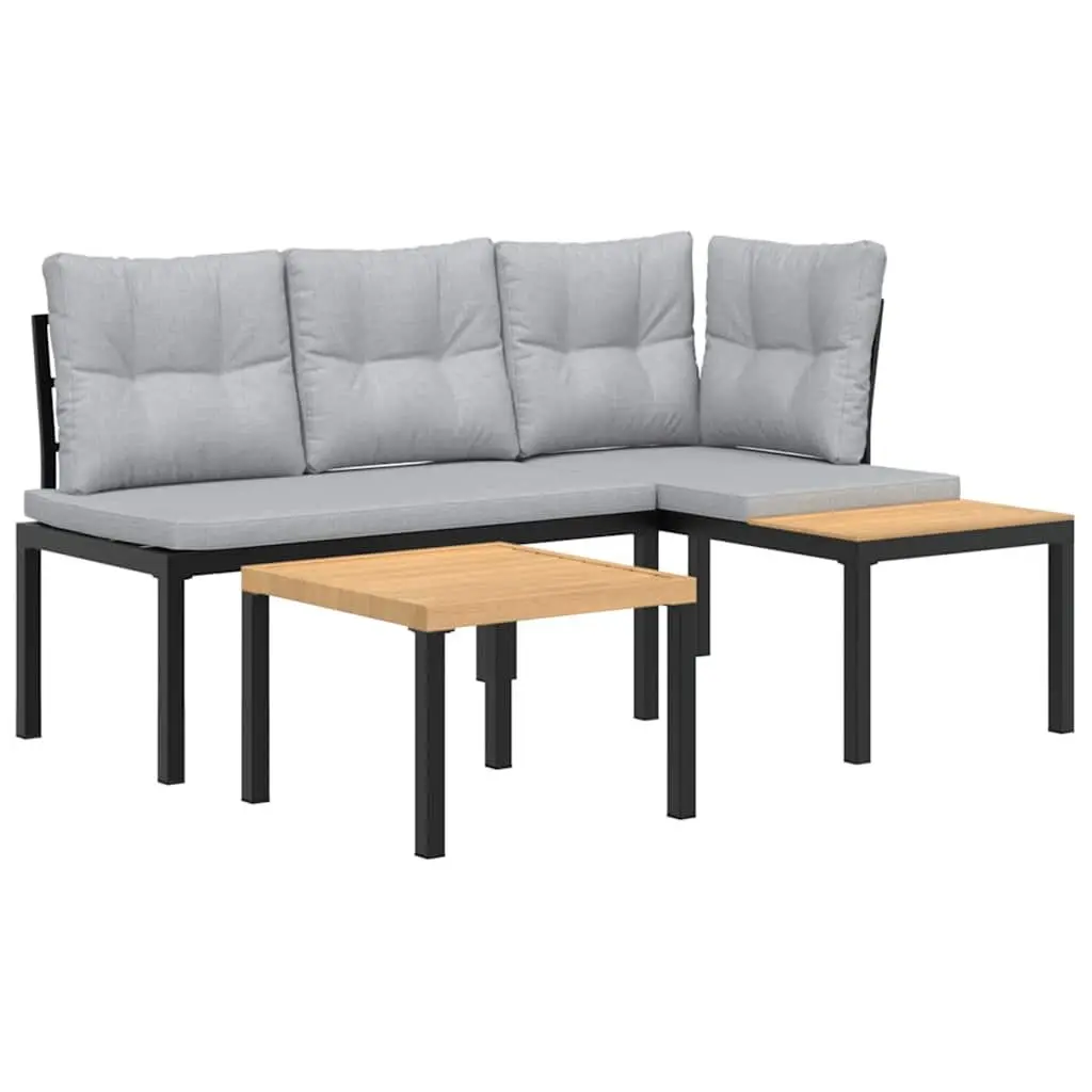 Garden Bench Set Powder-coated Steel 3 Piece Outdoor Furniture Cushions Black