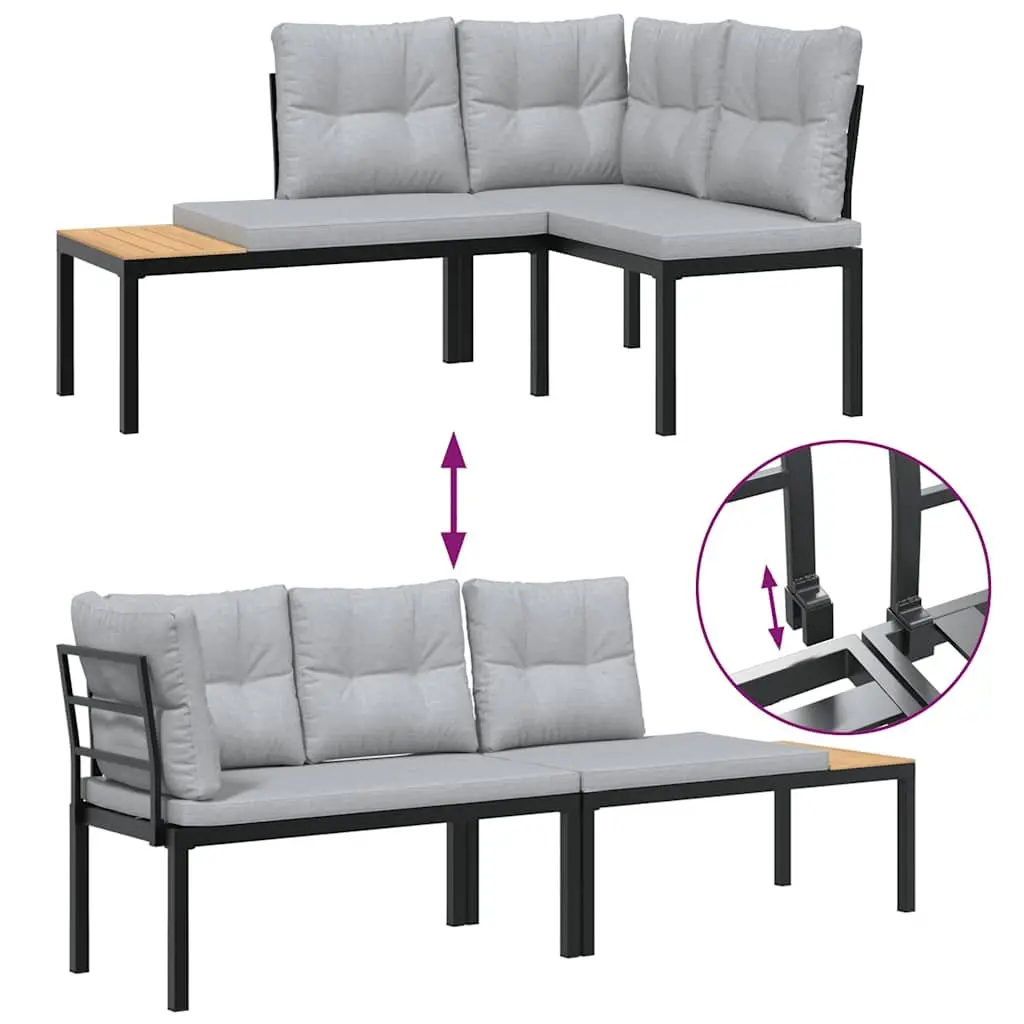 Garden Bench Set Powder-coated Steel 3 Piece Outdoor Furniture Cushions Black