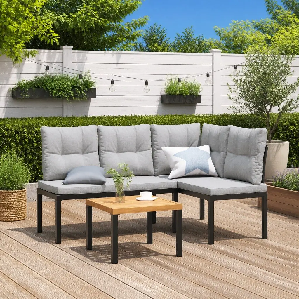 Garden Bench Set Powder-Coated Steel Frame 3 Pieces Black Outdoor Furniture
