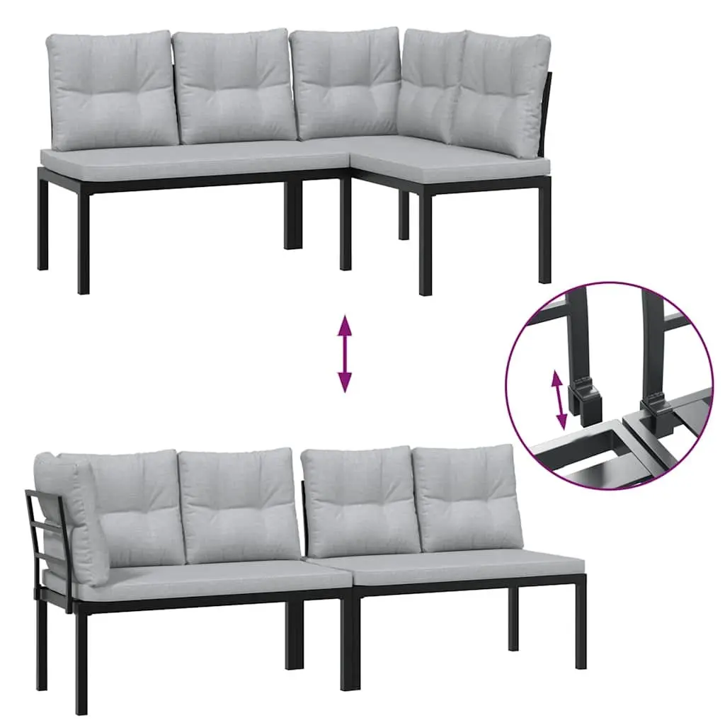 Garden Bench Set Powder-Coated Steel Frame 3 Pieces Black Outdoor Furniture