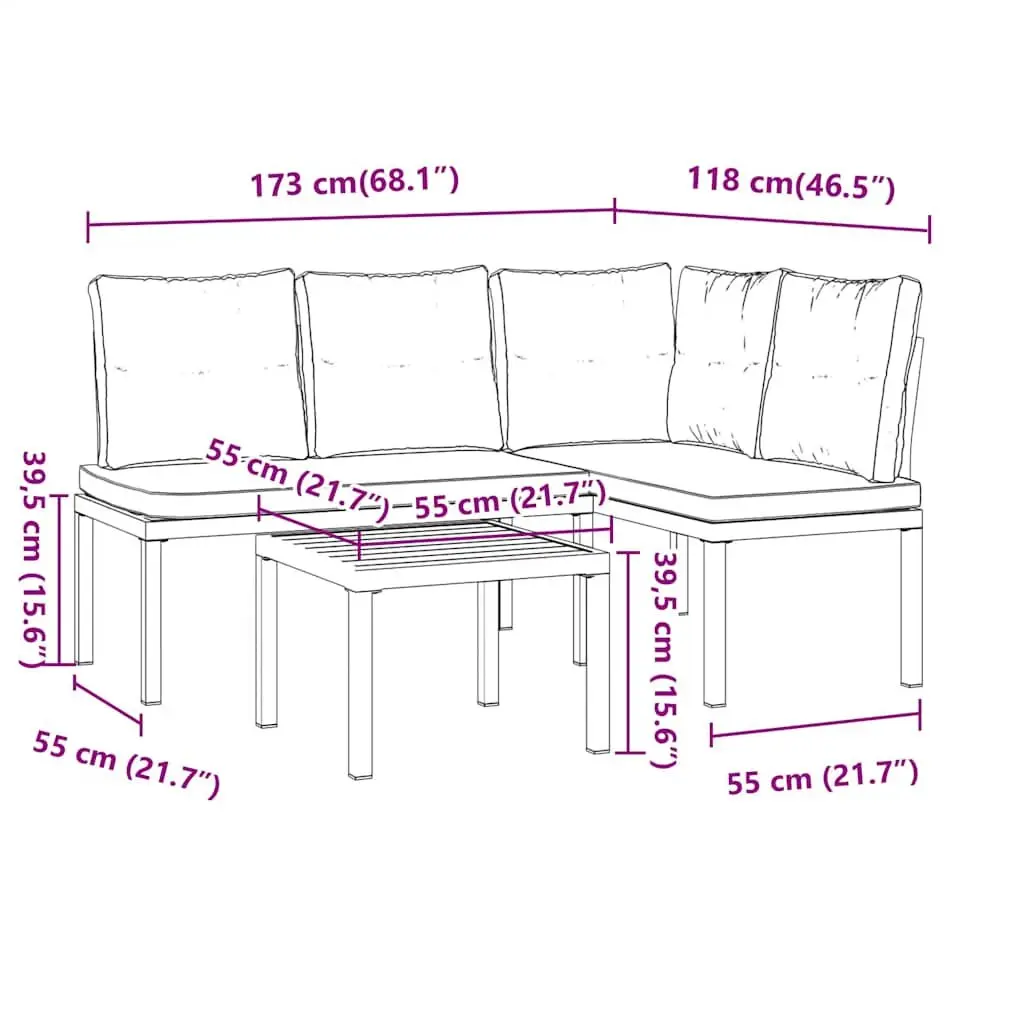 Garden Bench Set Powder-Coated Steel Frame 3 Pieces Black Outdoor Furniture
